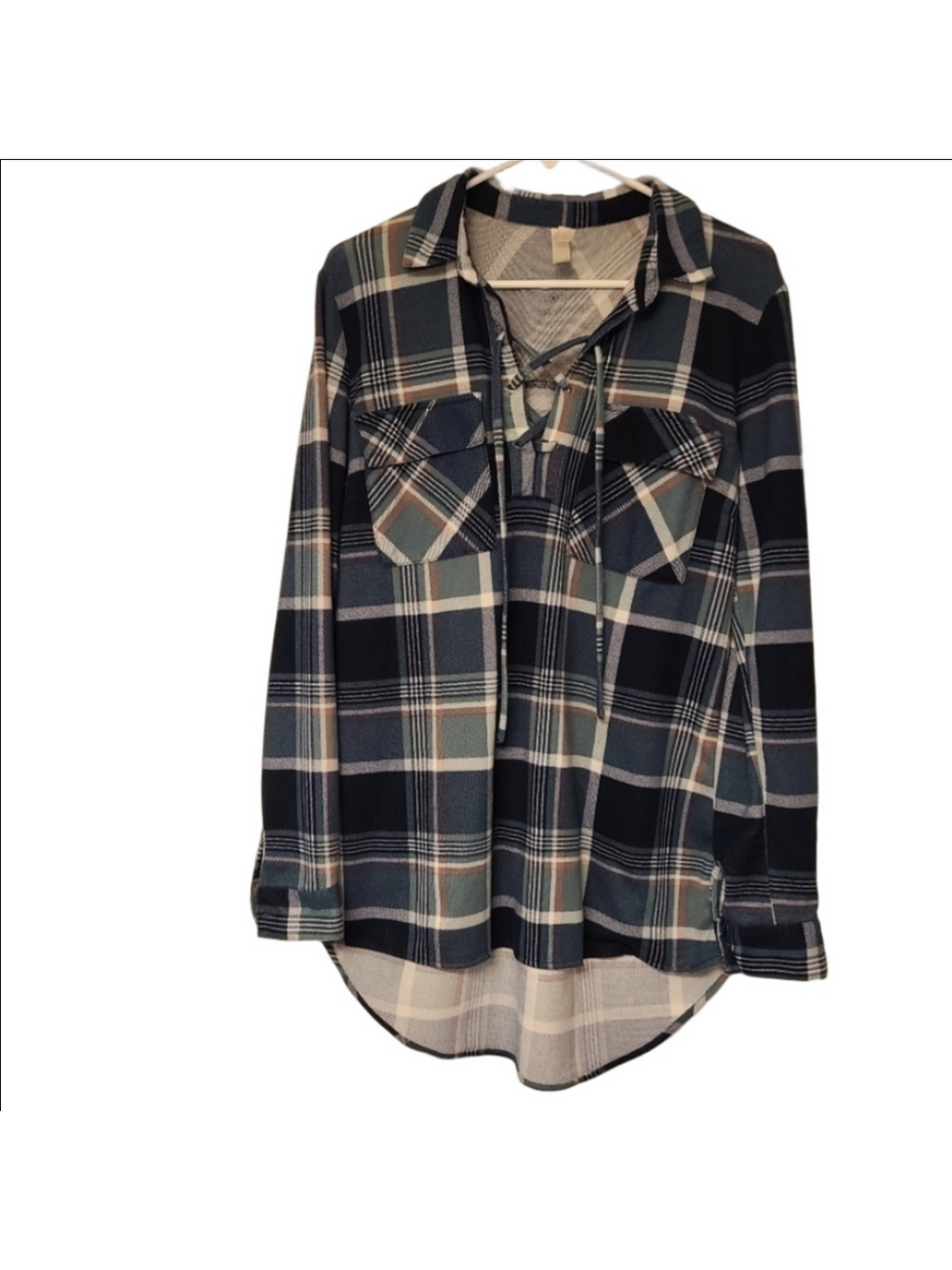 Warehouse One Womens Lace Up Plaid Flannel Shirt Multicolor Navy Blue Medium